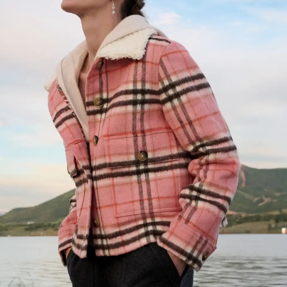 Sundance Edith Pink Plaid Sherpa Collar Coat | XL